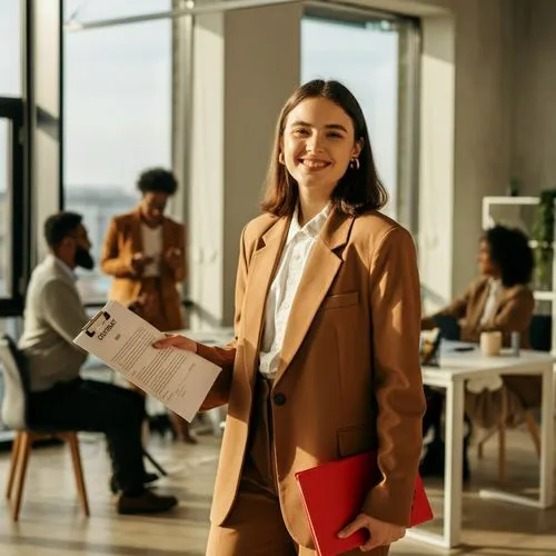 young woman holding papers and smiling to the camera